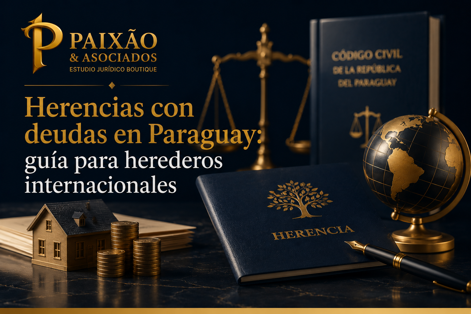 Guía de Paixão y Asociados sobre herencias con deudas en Paraguay para herederos internacionales, mostrando el Código Civil paraguayo y documentos sucesorios.