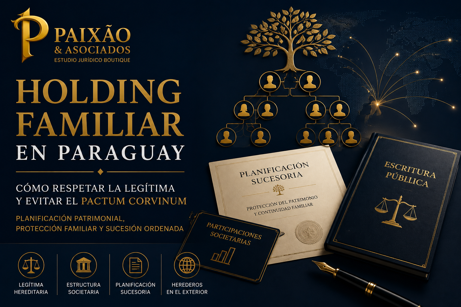 Infografía de Paixão y Asociados sobre la estructura de un Holding Familiar en Paraguay para la planificación sucesoria, protección del patrimonio y cómo respetar la legítima hereditaria.