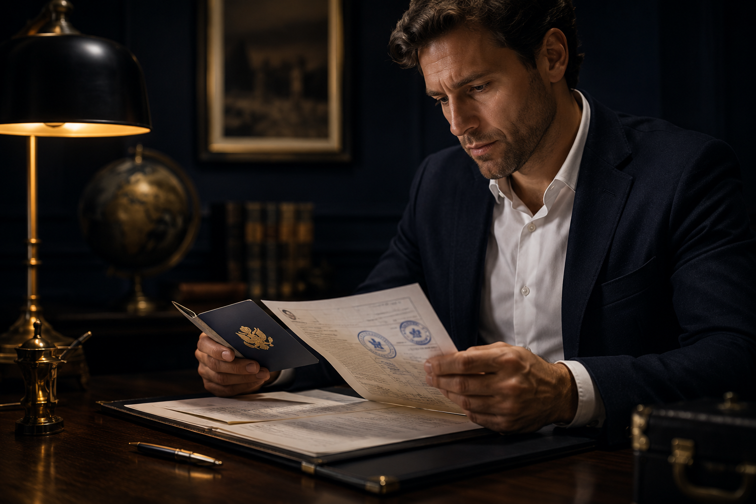 Foreign professional reviewing apostilled passport and documents